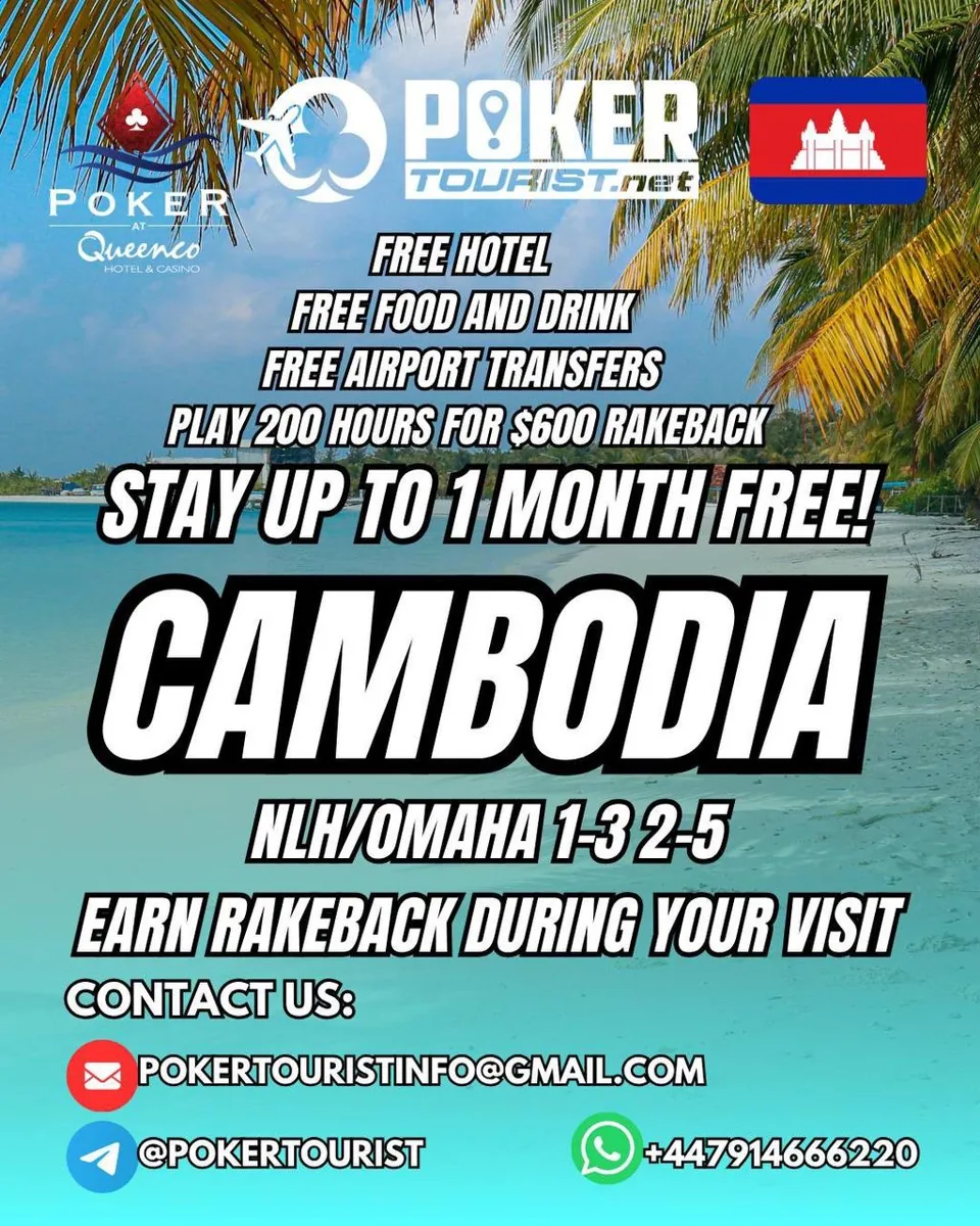 Cambodia Queenco Rakeback & Free Hotel Deal offer flyer